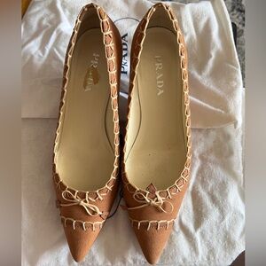 Prada Tan Pointed Ballet Flats with Cream Whipstitch